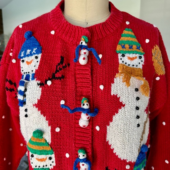 Vintage 90’s Festive Red Snowman Knit Cardigan - Picture 6 of 16